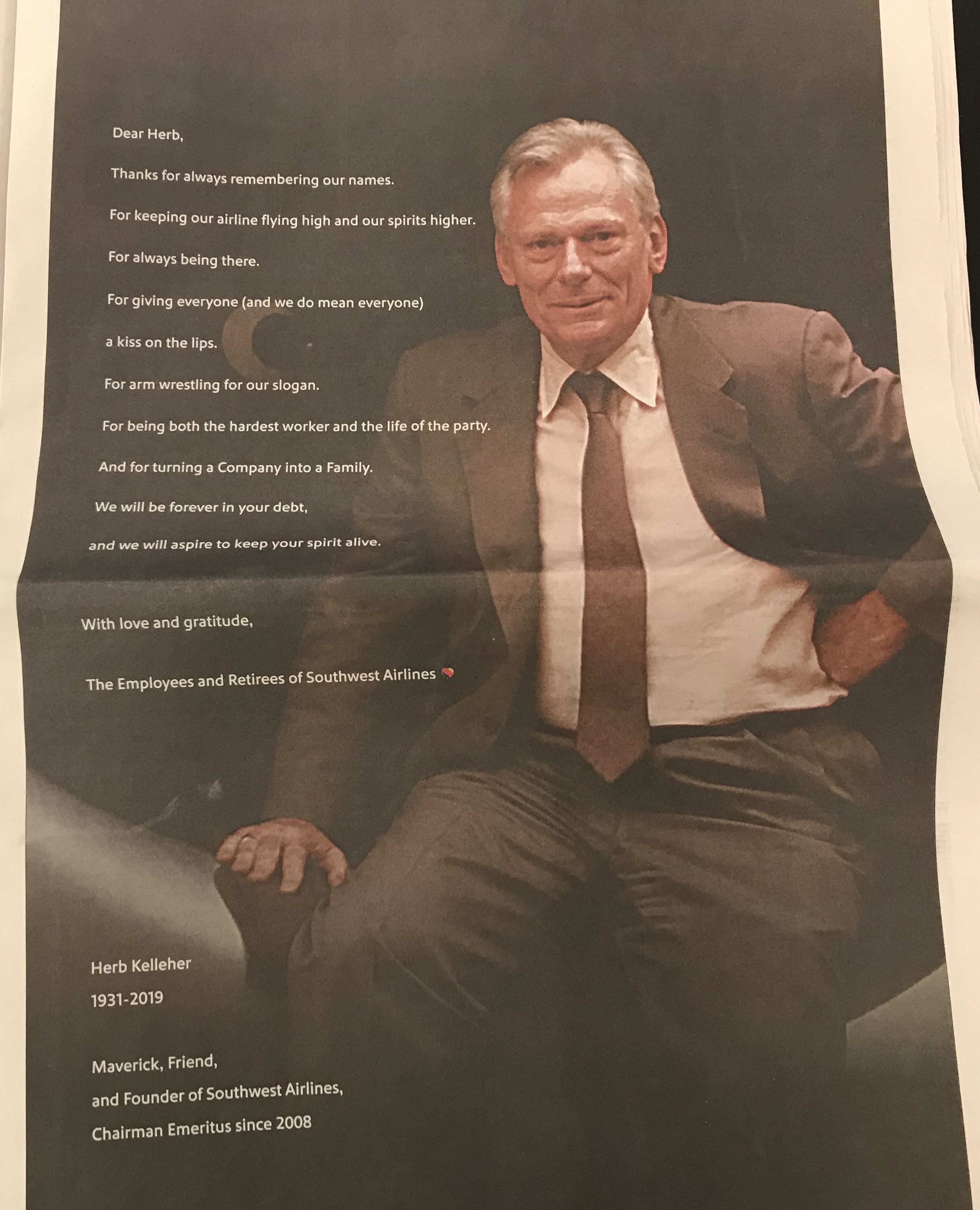 herb kelleher tribute ad in wsj january 2019